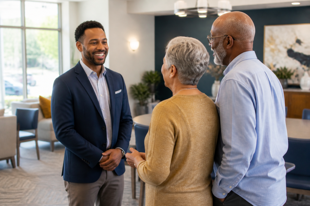 A Attended Insurance agent welcoming older adults for a Medicare conversation