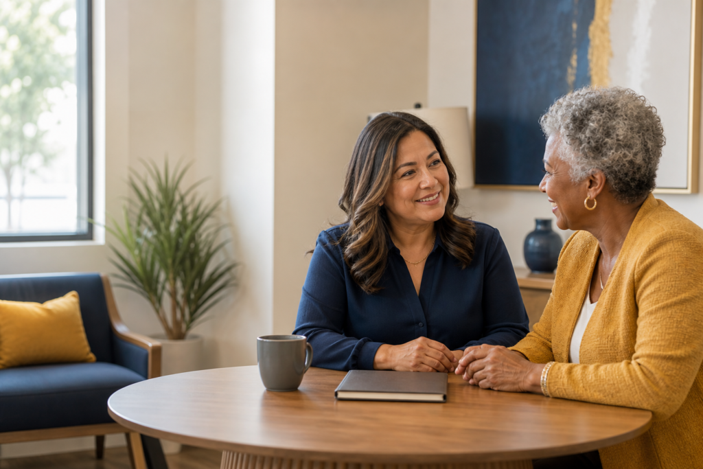 Attended Insurance advisor having a friendly conversation with an older adult